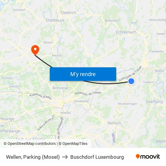 Wellen, Parking (Mosel) to Buschdorf Luxembourg map