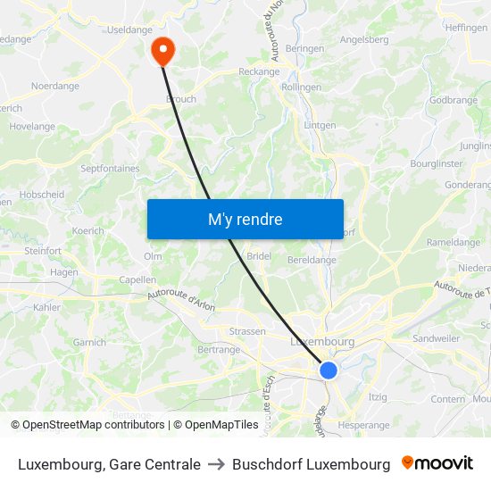 Luxembourg, Gare Centrale to Buschdorf Luxembourg map