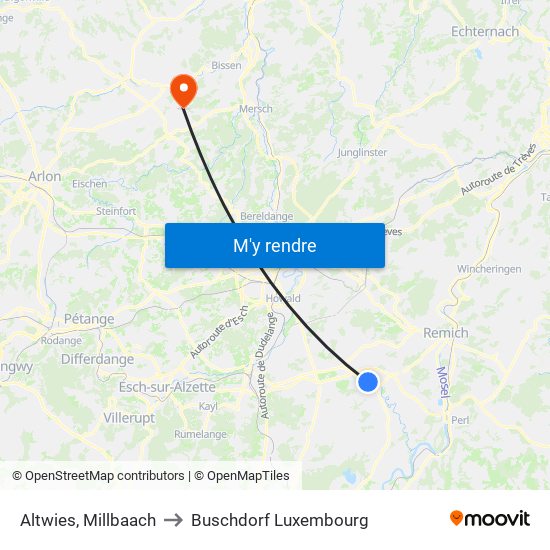 Altwies, Millbaach to Buschdorf Luxembourg map