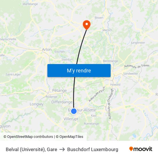 Belval (Université), Gare to Buschdorf Luxembourg map