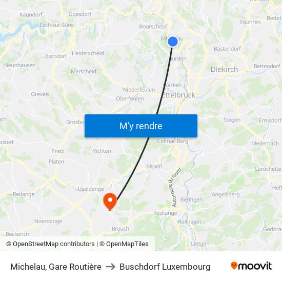 Michelau, Gare Routière to Buschdorf Luxembourg map