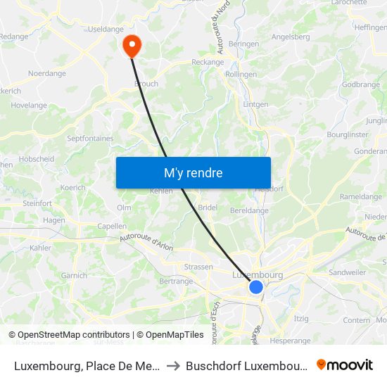 Luxembourg, Place De Metz to Buschdorf Luxembourg map