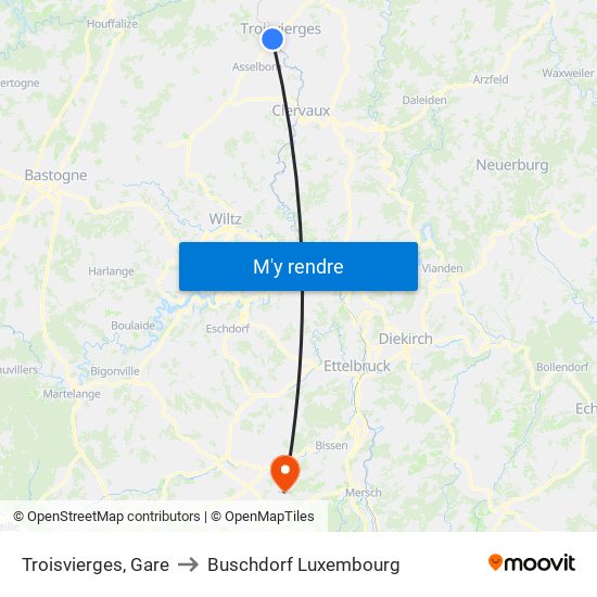 Troisvierges, Gare to Buschdorf Luxembourg map