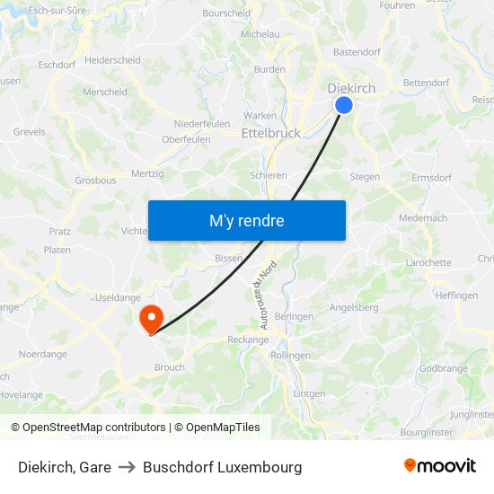 Diekirch, Gare to Buschdorf Luxembourg map