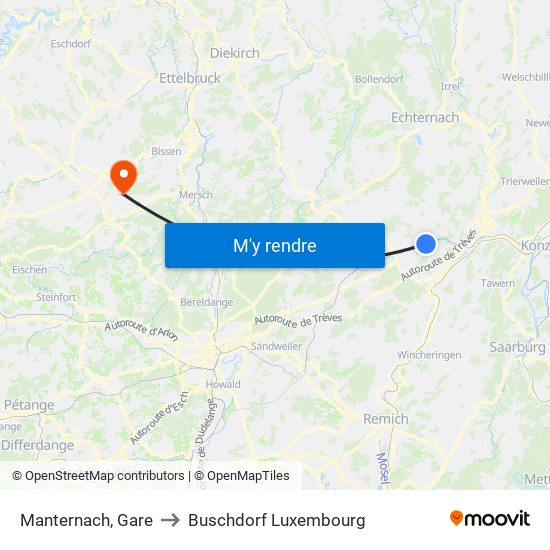 Manternach, Gare to Buschdorf Luxembourg map