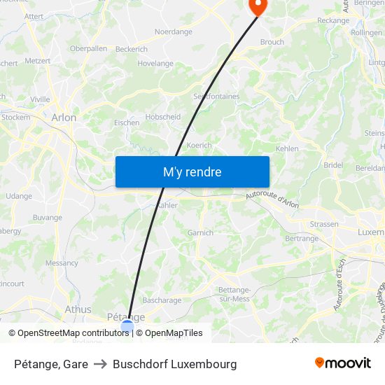 Pétange, Gare to Buschdorf Luxembourg map