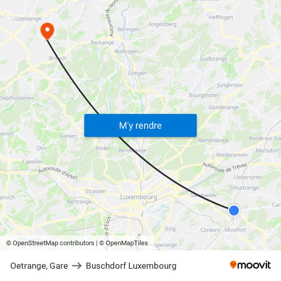 Oetrange, Gare to Buschdorf Luxembourg map