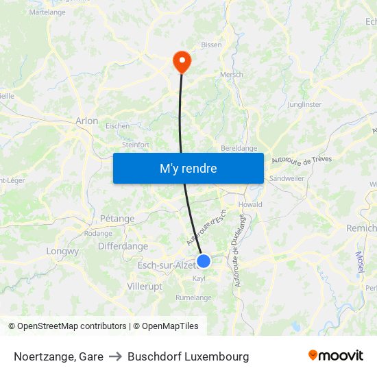 Noertzange, Gare to Buschdorf Luxembourg map