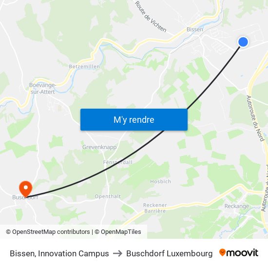 Bissen, Innovation Campus to Buschdorf Luxembourg map