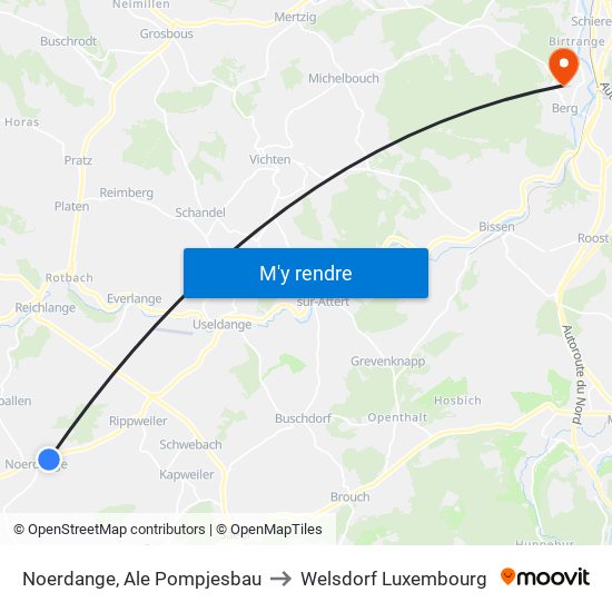 Noerdange, Ale Pompjesbau to Welsdorf Luxembourg map