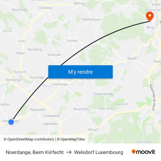 Noerdange, Beim Kiirfecht to Welsdorf Luxembourg map