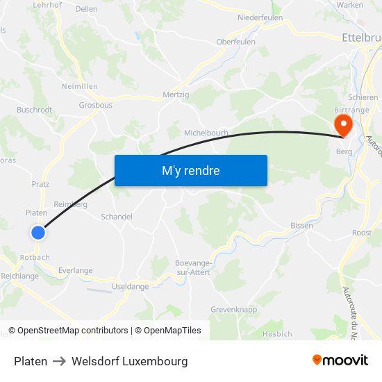 Platen to Welsdorf Luxembourg map