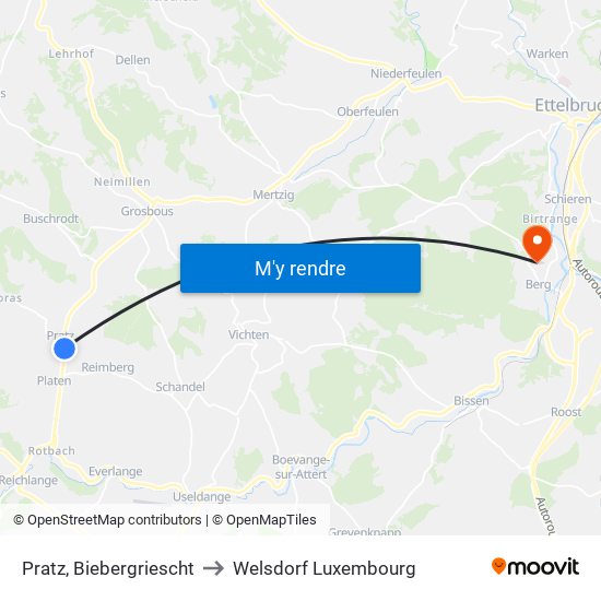 Pratz, Biebergriescht to Welsdorf Luxembourg map