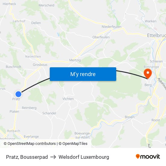 Pratz, Bousserpad to Welsdorf Luxembourg map