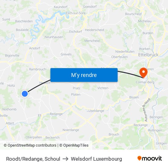 Roodt/Redange, Schoul to Welsdorf Luxembourg map