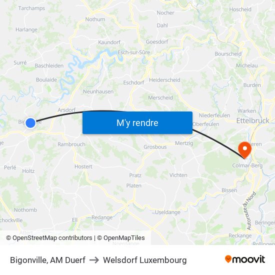 Bigonville, AM Duerf to Welsdorf Luxembourg map