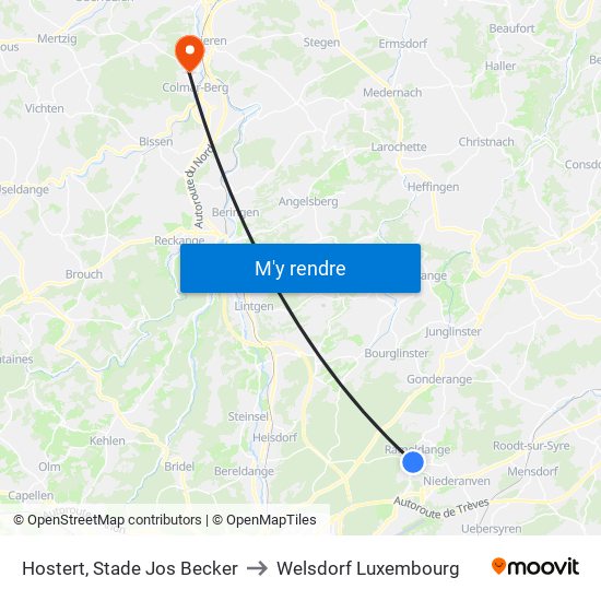 Hostert, Stade Jos Becker to Welsdorf Luxembourg map