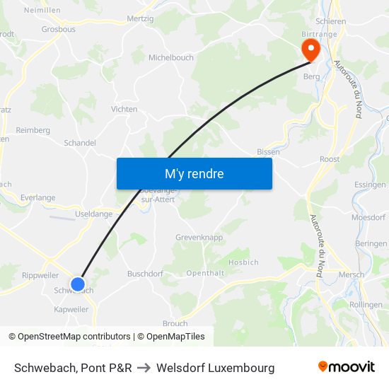 Schwebach, Pont P&R to Welsdorf Luxembourg map