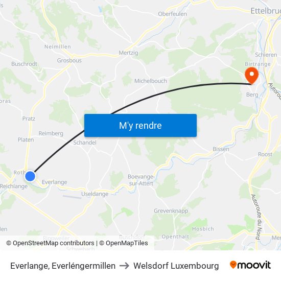 Everlange, Everléngermillen to Welsdorf Luxembourg map