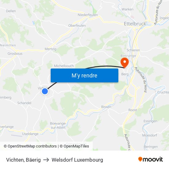 Vichten, Bäerig to Welsdorf Luxembourg map