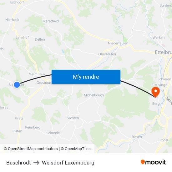 Buschrodt to Welsdorf Luxembourg map