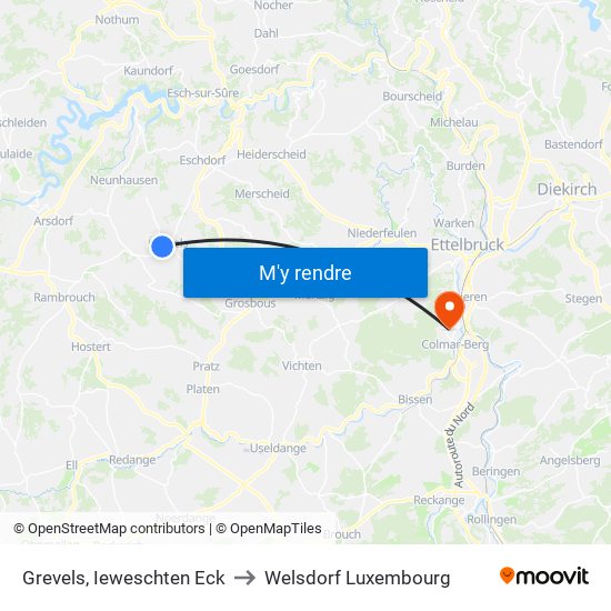 Grevels, Ieweschten Eck to Welsdorf Luxembourg map