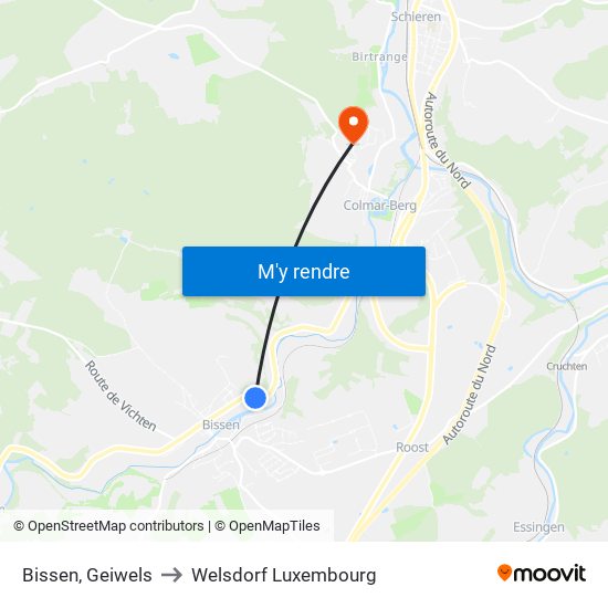 Bissen, Geiwels to Welsdorf Luxembourg map