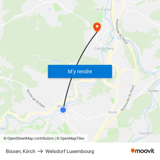 Bissen, Kiirch to Welsdorf Luxembourg map