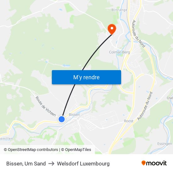 Bissen, Um Sand to Welsdorf Luxembourg map