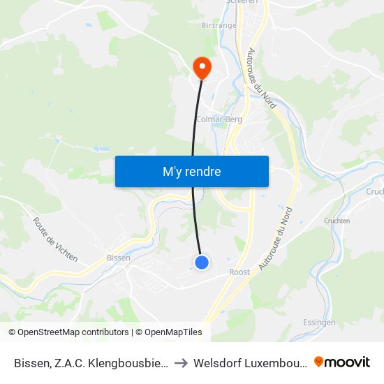 Bissen, Z.A.C. Klengbousbierg to Welsdorf Luxembourg map