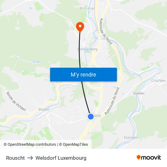 Rouscht to Welsdorf Luxembourg map