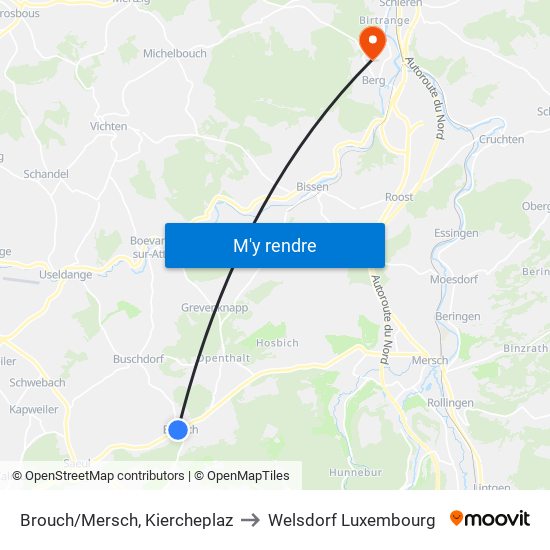Brouch/Mersch, Kiercheplaz to Welsdorf Luxembourg map