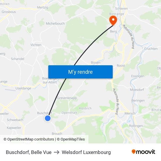 Buschdorf, Belle Vue to Welsdorf Luxembourg map