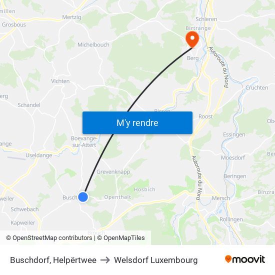 Buschdorf, Helpërtwee to Welsdorf Luxembourg map