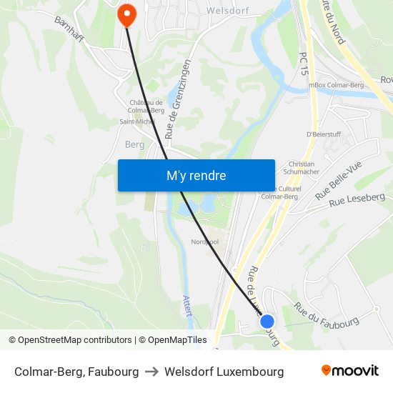 Colmar-Berg, Faubourg to Welsdorf Luxembourg map