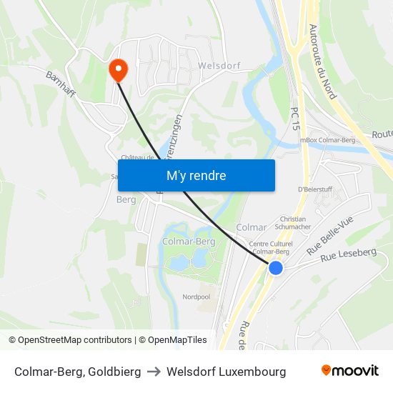 Colmar-Berg, Goldbierg to Welsdorf Luxembourg map