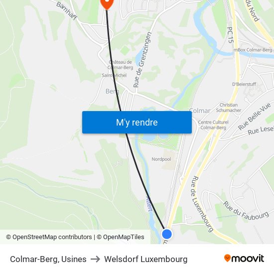 Colmar-Berg, Usines to Welsdorf Luxembourg map