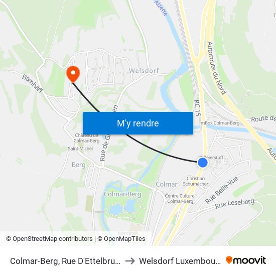 Colmar-Berg, Rue D'Ettelbruck to Welsdorf Luxembourg map
