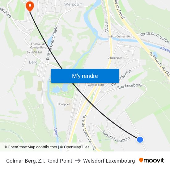 Colmar-Berg, Z.I. Rond-Point to Welsdorf Luxembourg map