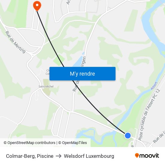 Colmar-Berg, Piscine to Welsdorf Luxembourg map