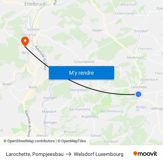 Larochette, Pompjeesbau to Welsdorf Luxembourg map