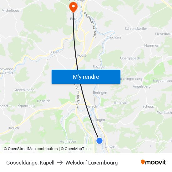 Gosseldange, Kapell to Welsdorf Luxembourg map