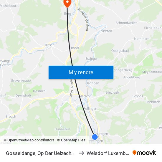 Gosseldange, Op Der Uelzechtbréck to Welsdorf Luxembourg map