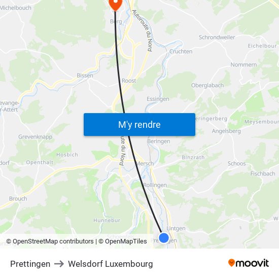 Prettingen to Welsdorf Luxembourg map