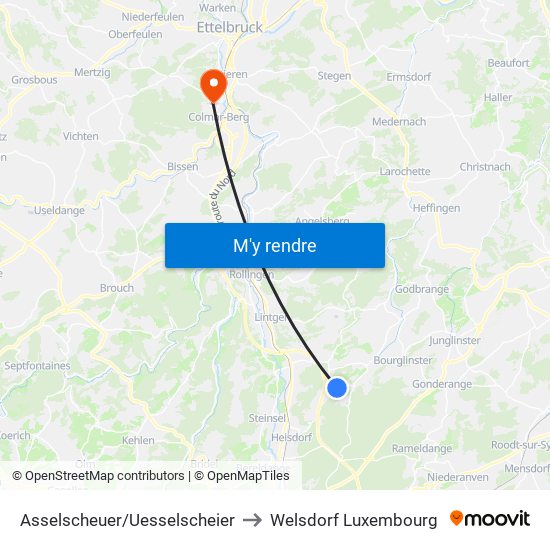 Asselscheuer/Uesselscheier to Welsdorf Luxembourg map