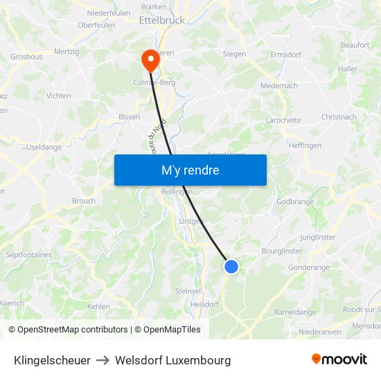 Klingelscheuer to Welsdorf Luxembourg map