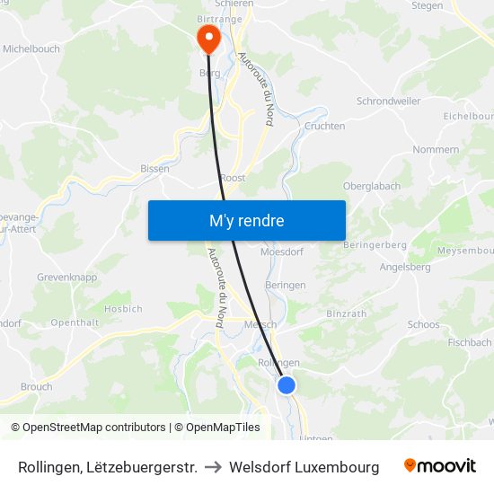 Rollingen, Lëtzebuergerstr. to Welsdorf Luxembourg map