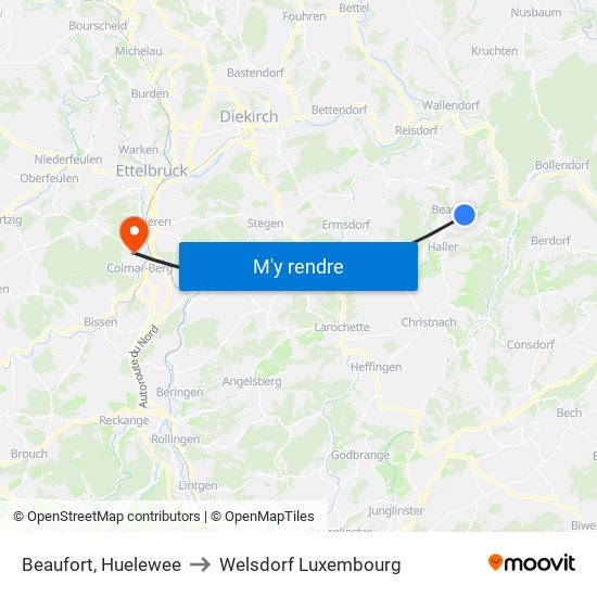 Beaufort, Huelewee to Welsdorf Luxembourg map