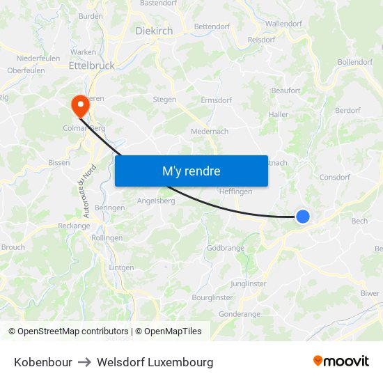 Kobenbour to Welsdorf Luxembourg map