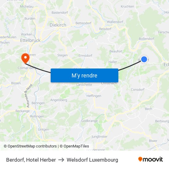 Berdorf, Hotel Herber to Welsdorf Luxembourg map